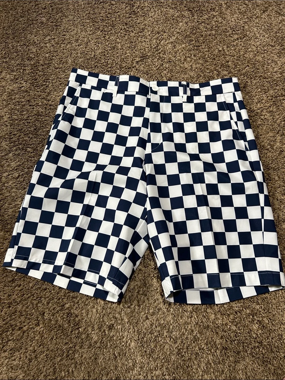 Lesmart Men's Navy and White Checkerboard Flat Front Golf Shorts